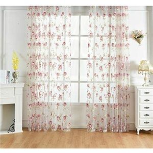 Sheer Rose pattern curtains. 54 by 84 inches. Pink roses with green leaves.